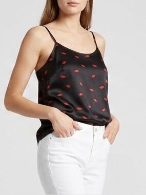 Black Silky Camisole with Red Lip Print